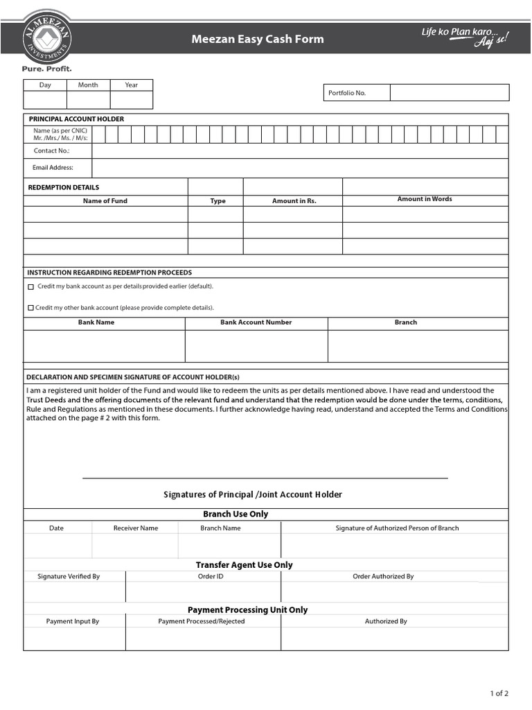 Meezan Easy Cash Form | PDF | Payments | Banks