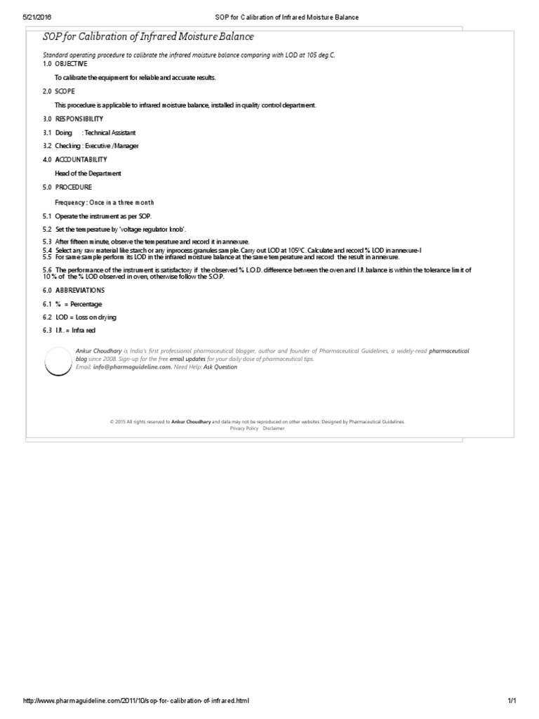 SOP For Calibration of Infrared Moisture Balance PDF Infrared