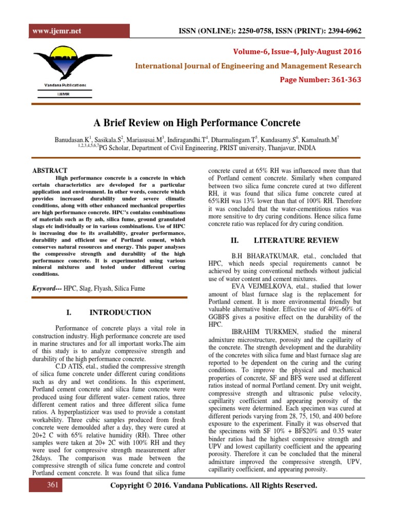 A Brief Review On High Performance Concrete | PDF | Concrete | Cement