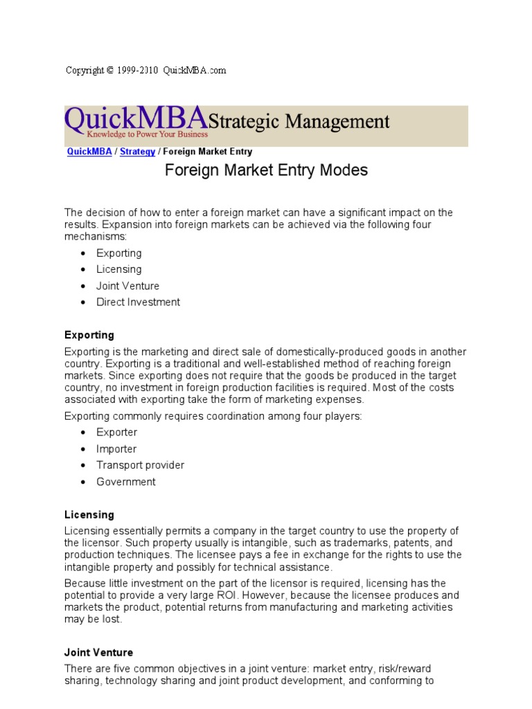 Foreign Market Entry Strategies Explained | PDF
