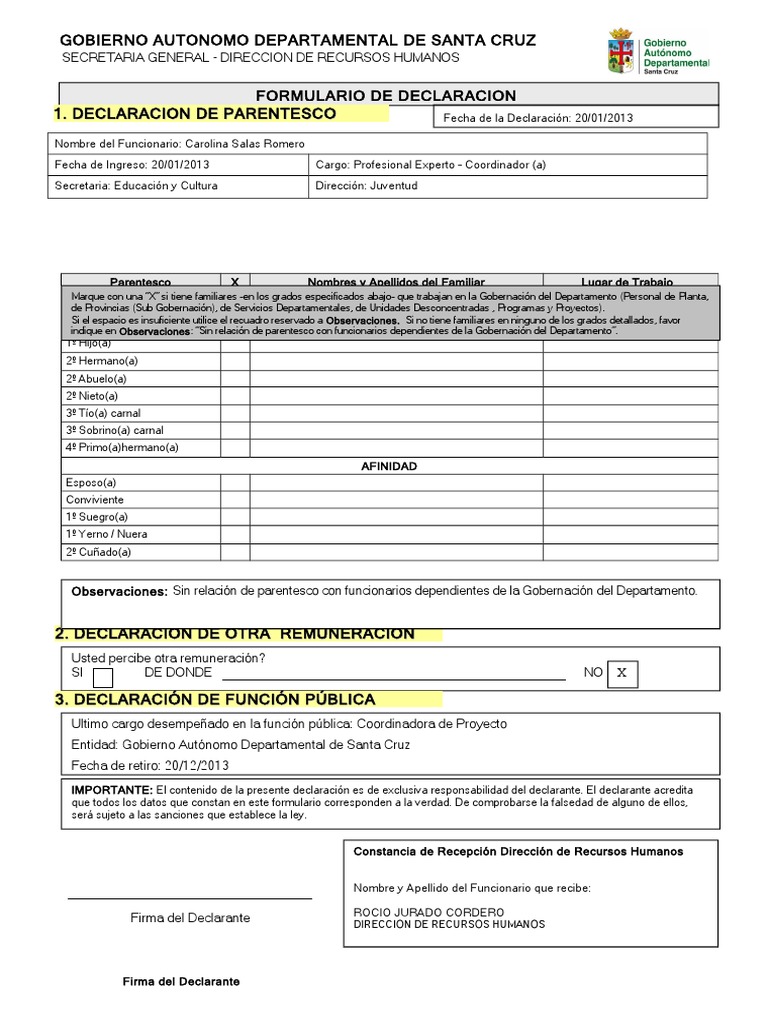 Formulario de declaracion de parentesco gobierno pol tica