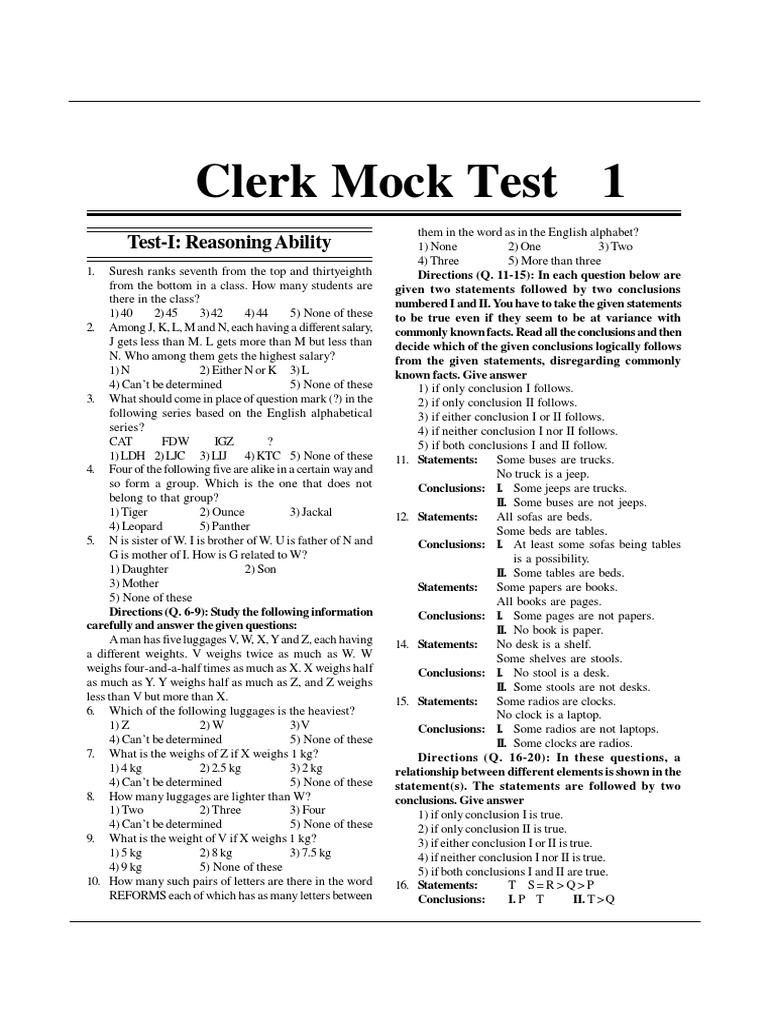 Clerk Mock Test Fraction Mathematics Banks - 