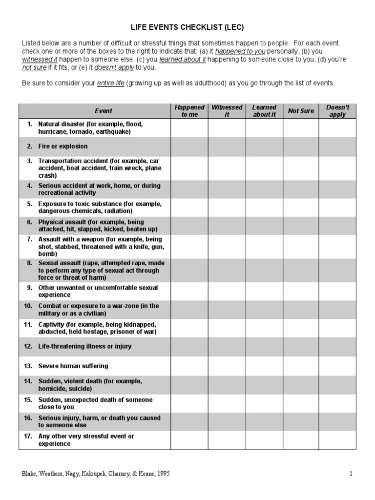 4 life events checklist pdf