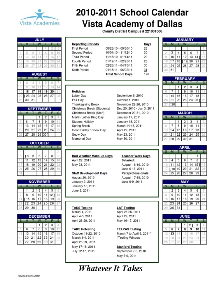 2010-2011 Calendar Dallas | PDF | Schools | Seasons