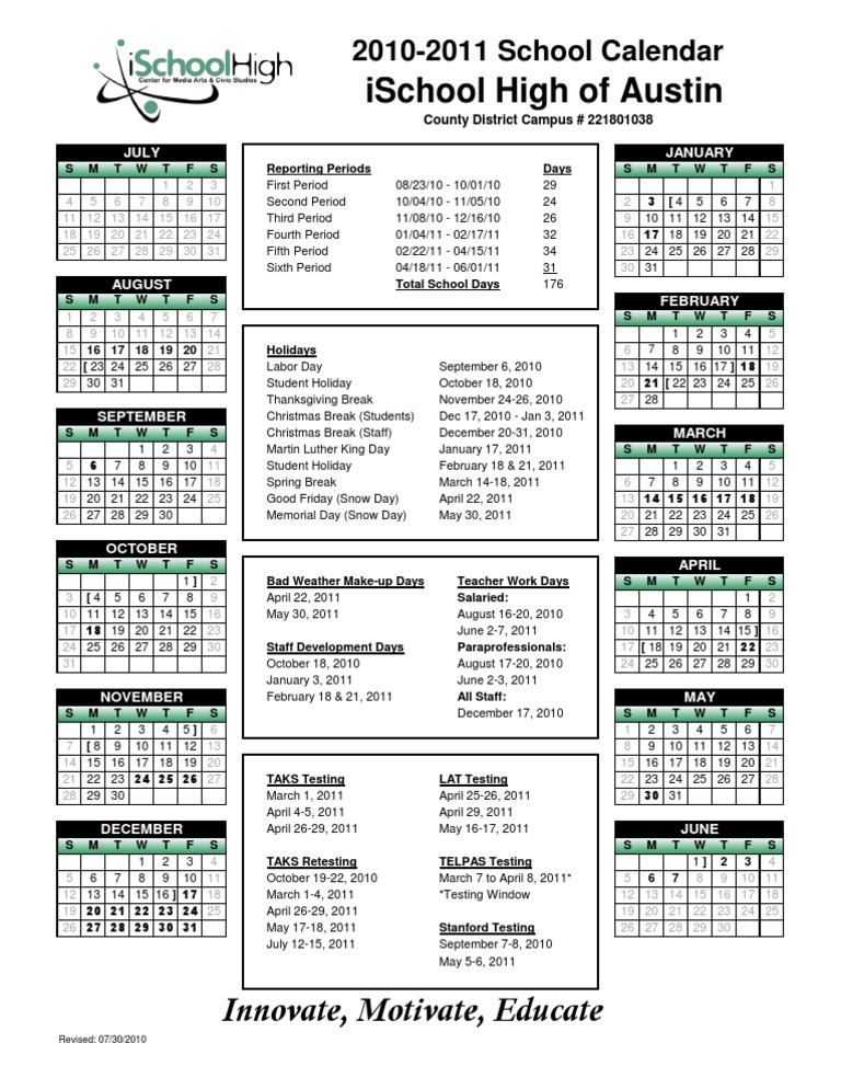 2010 2011 Calendar Ischool High of Austin PDF Seasons Traditions