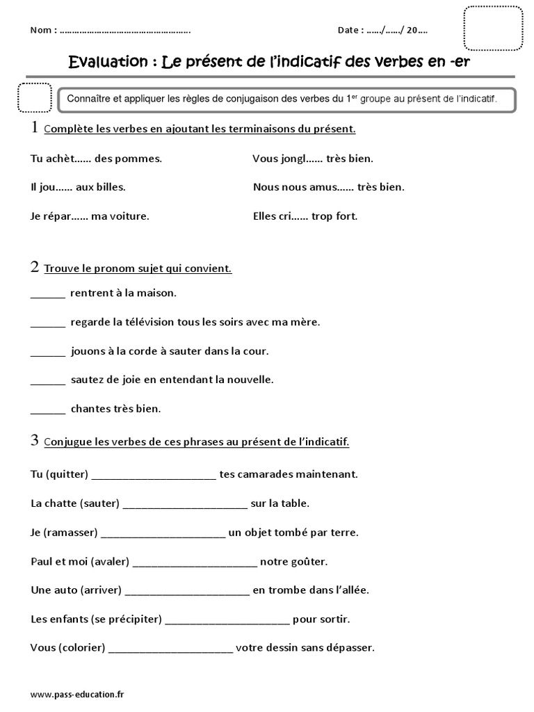 évaluation Verbes 1er Groupe Présent Pdf Ce1 Présent Des Verbes en Er Ce1 Evaluation | PDF | Verbe | Morphologie  linguistique