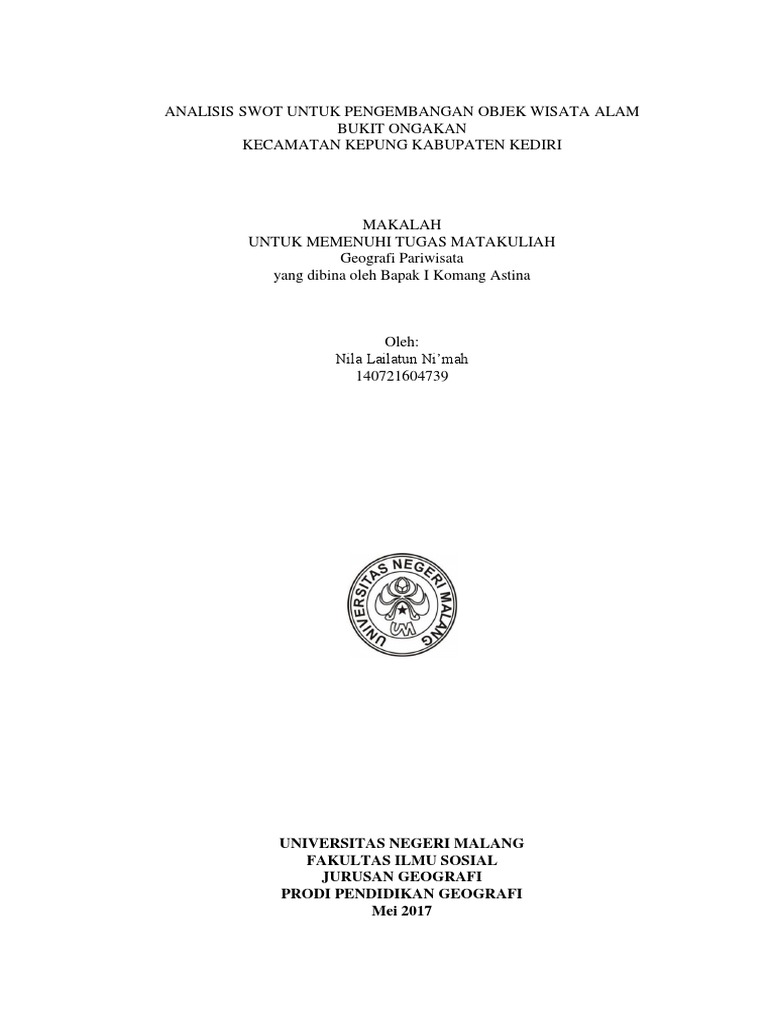 Analisis Swot Untuk Pengembangan Objek Wisata Alam Bukit Ongakan Docx