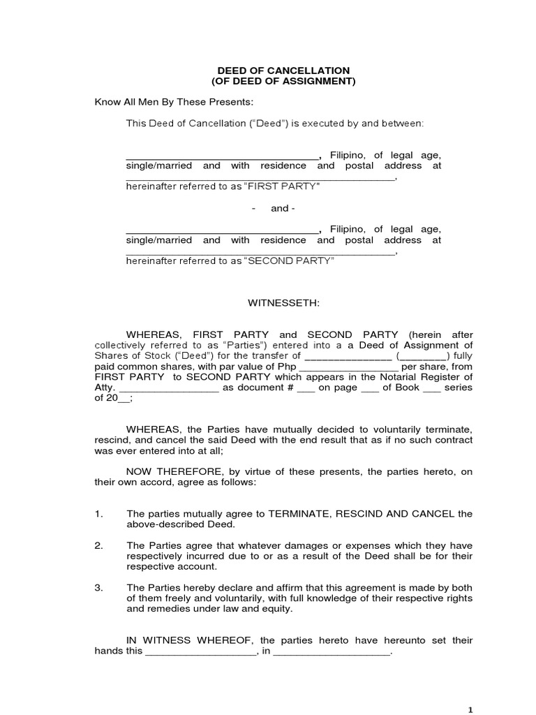 Deed of Cancellation of Assignment | PDF | Deed | Common Law