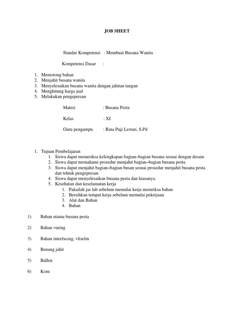 Contoh Jobsheet Membuat Busana Wanita | PDF