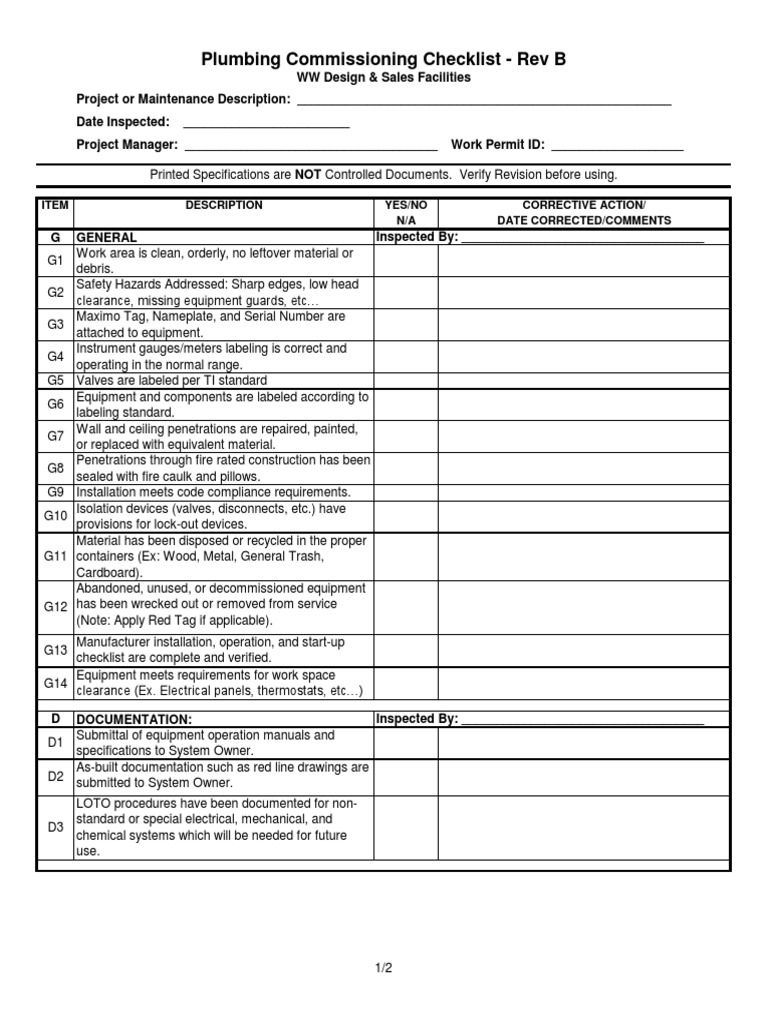 Featured image of post Testing And Commissioning Checklist For Plumbing Where an air test of the rough plumbing installation requires a gauge pressure of 5 psi the testing gauge shall have increments of psi