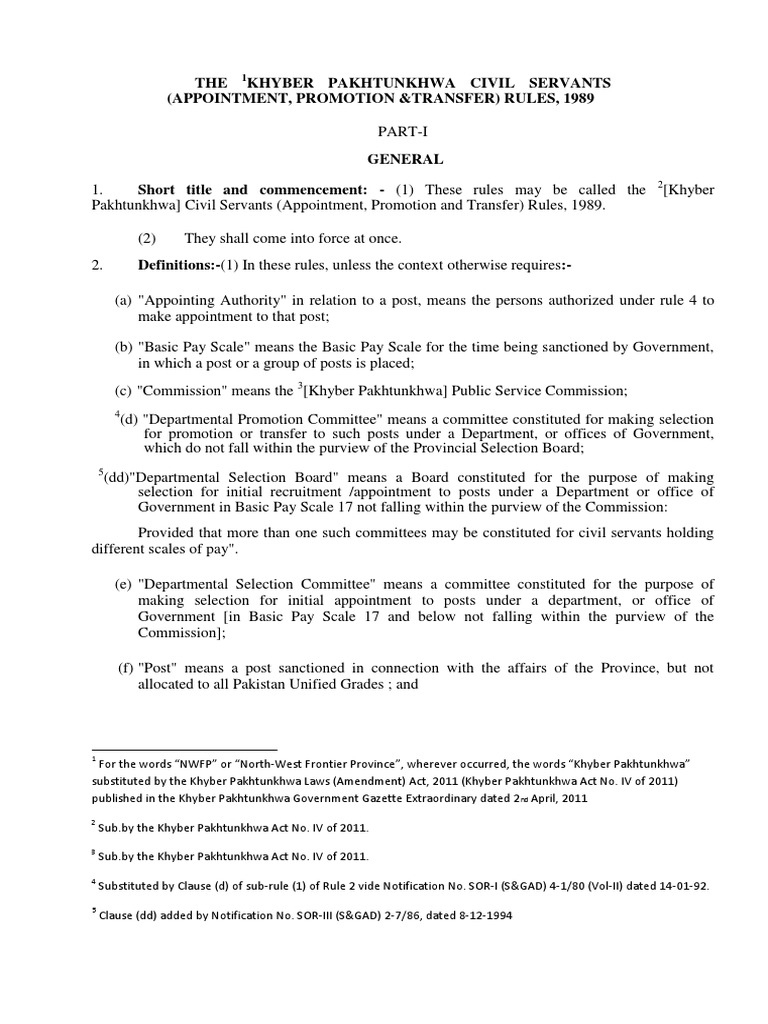 Civil Servants (Appointment, Promotion and Transfer) Rules 1989 PDF PDF Khyber Pakhtunkhwa