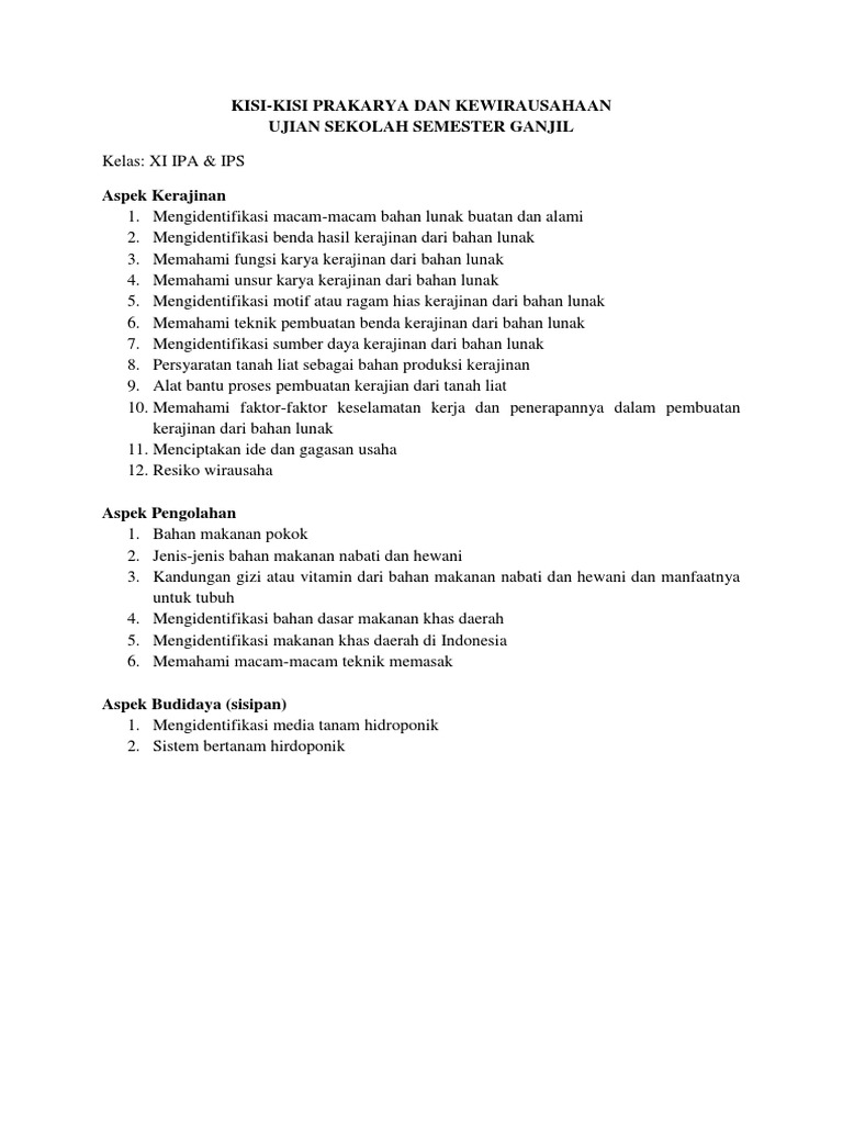 Kisi Kisi Us Prakarya Kelas Xi Semester Ganjil