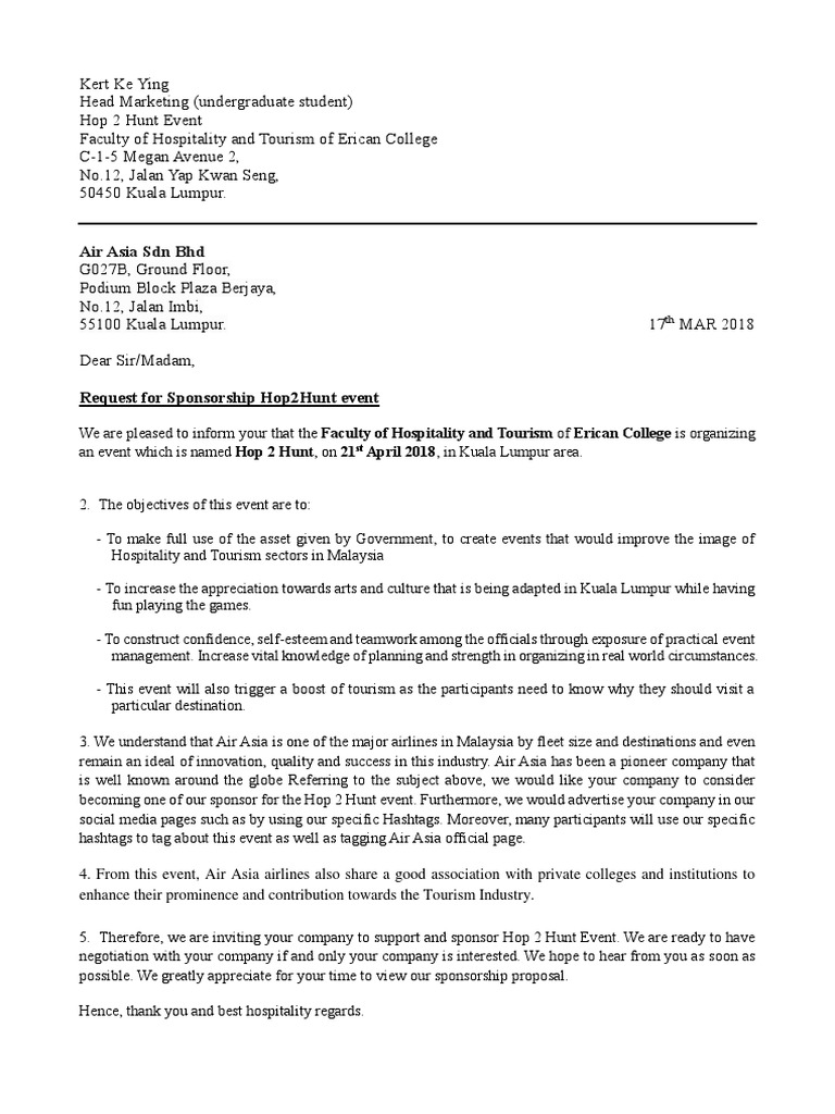 Air Asia Sponsorship Letter Tourism Communication