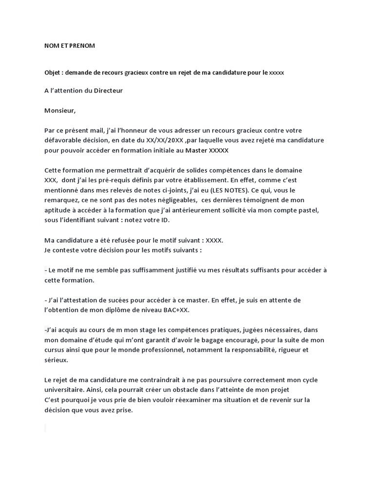 lettre de recours pour refus de visa pdf