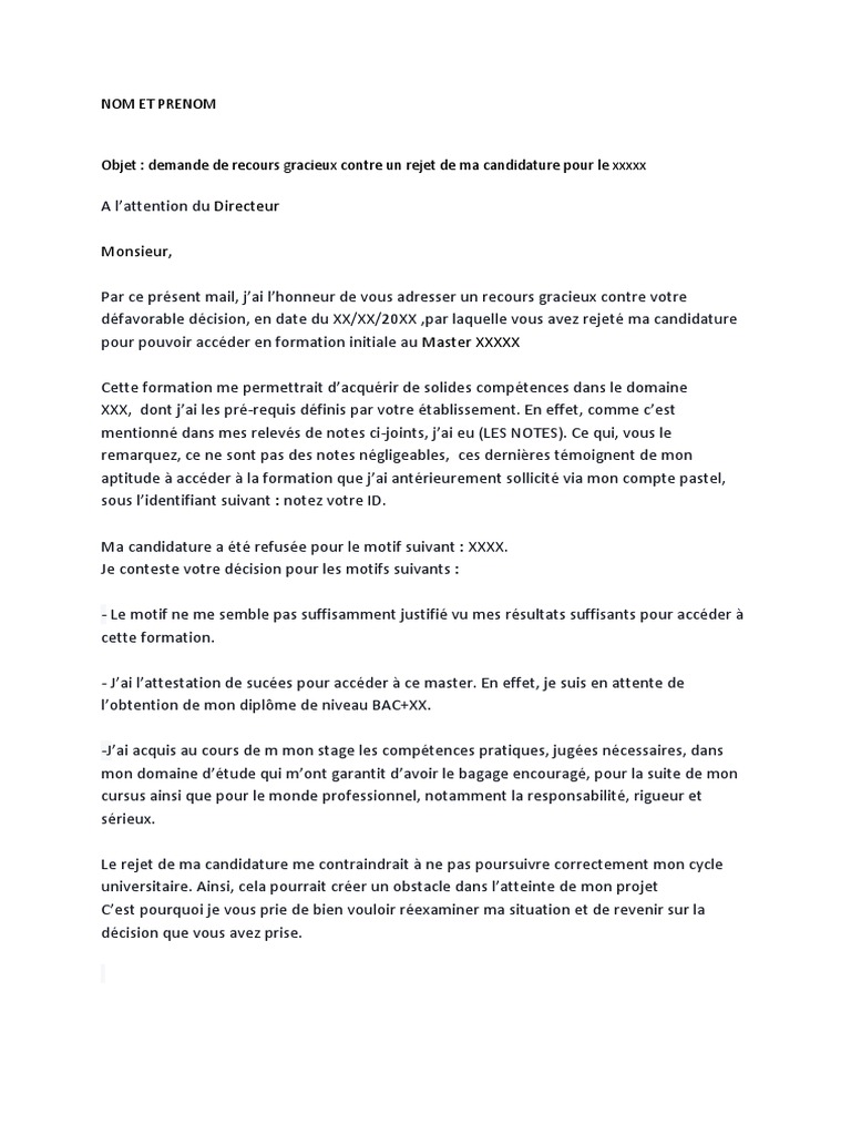 Lettre De Recours Gracieux Pour Refus De Visa Pdf Lettre de Recours | PDF