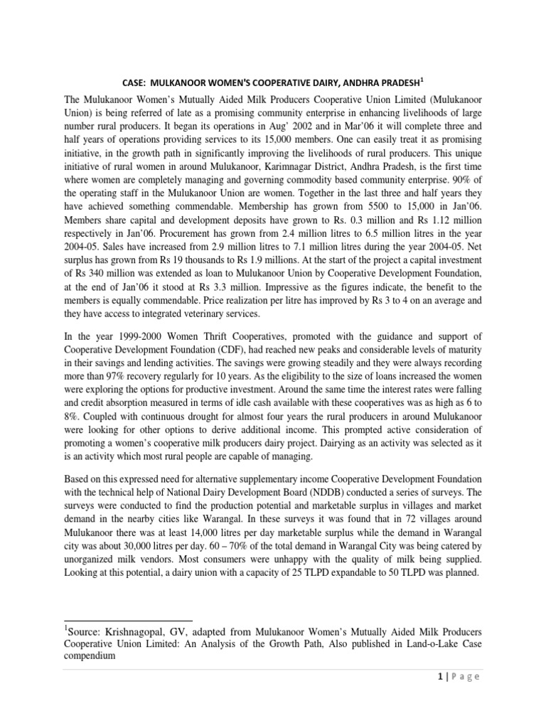 Case Mulukanoor Dairy Coop PDF Cooperative Dairy