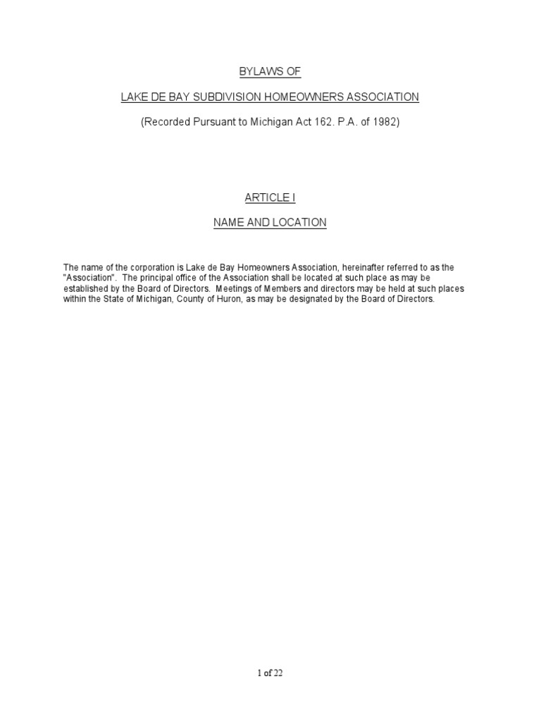 Bylaws For Lake de Bay PDF Board Of Directors Indemnity