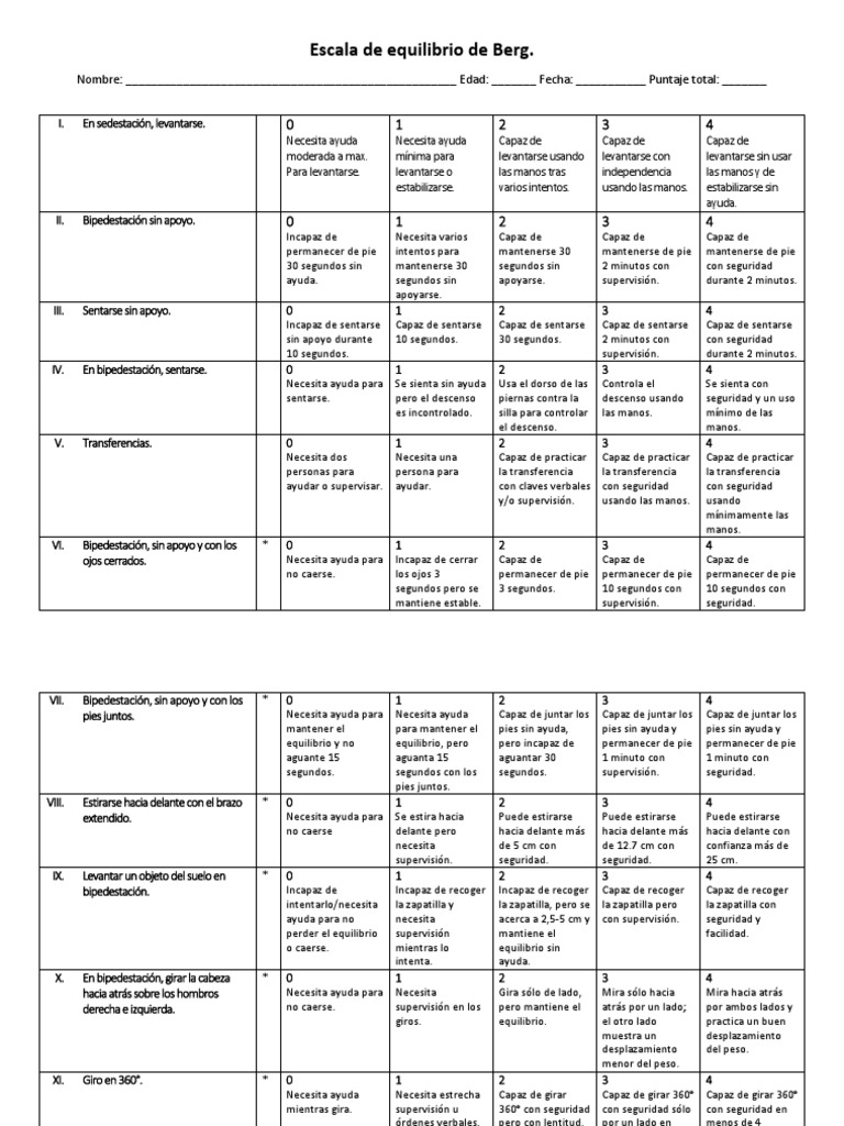 Escala de Equilibrio de Berg PDF Ocio Deportes