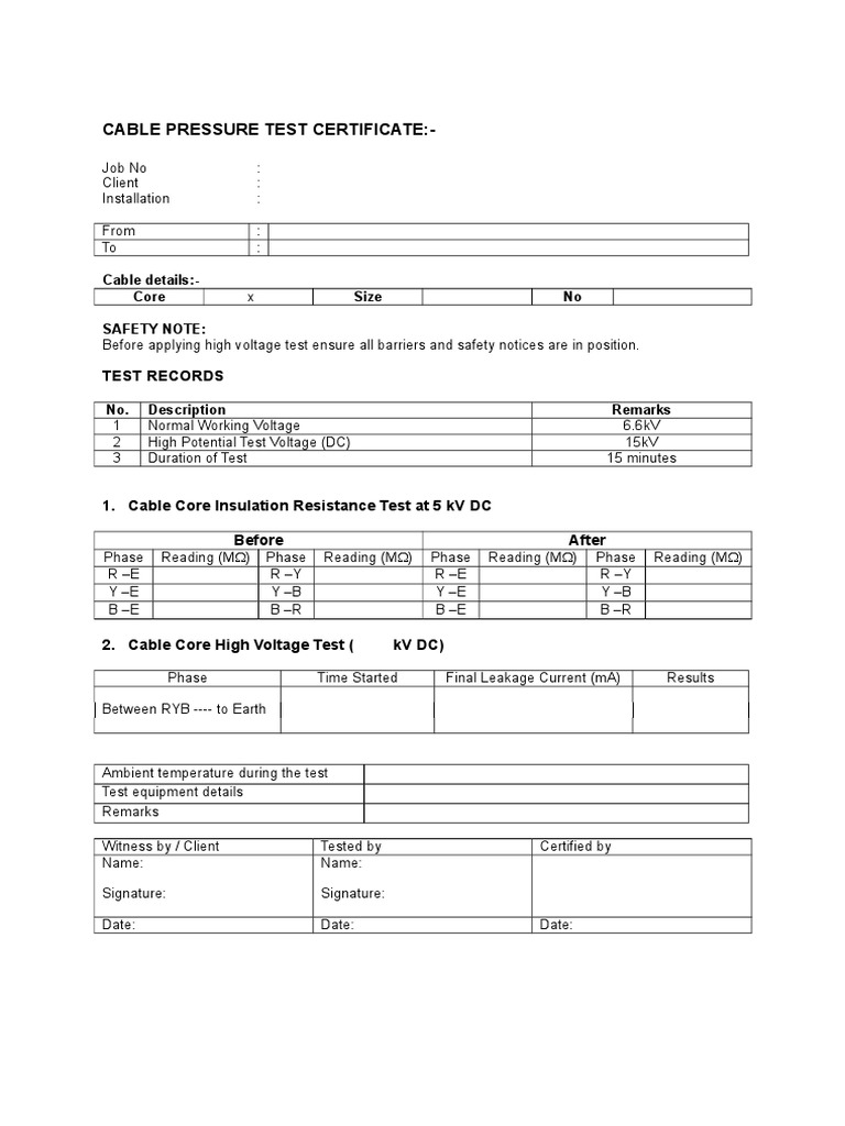 Cable Pressure Test Certificate and Test Results PDF