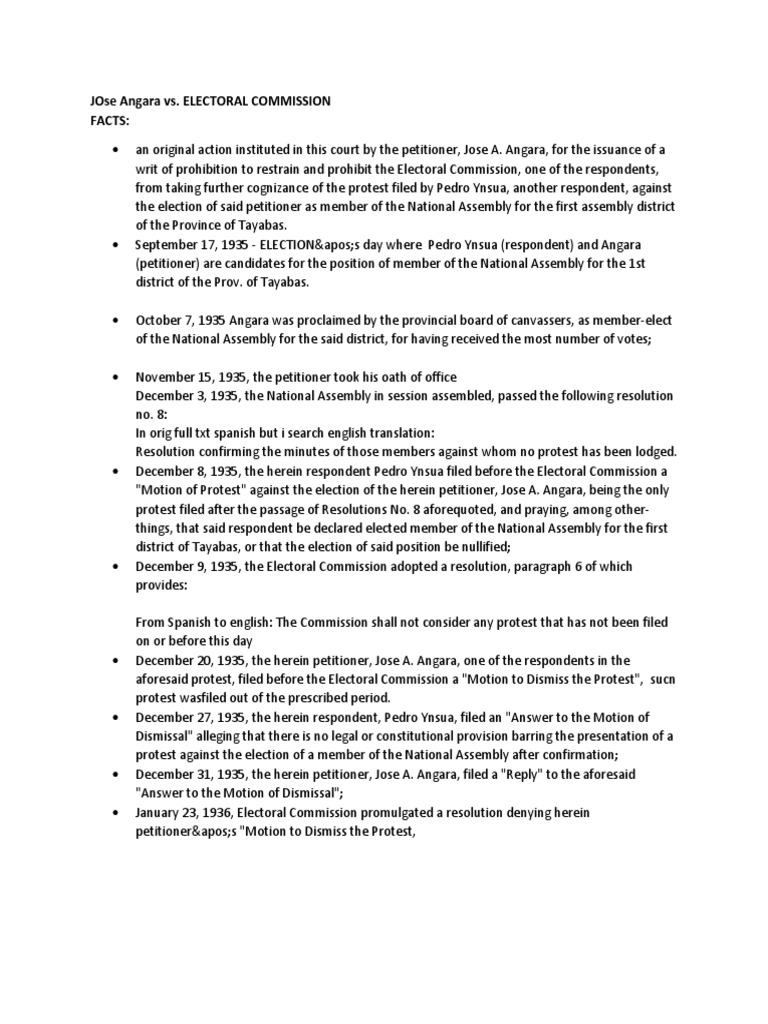 Angara vs. Electoral Commission Case Summary | PDF | Separation Of ...