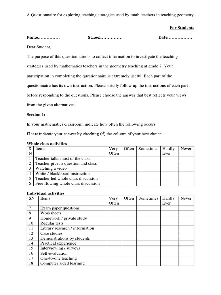 For Students Name School Date | PDF | Questionnaire | Teachers
