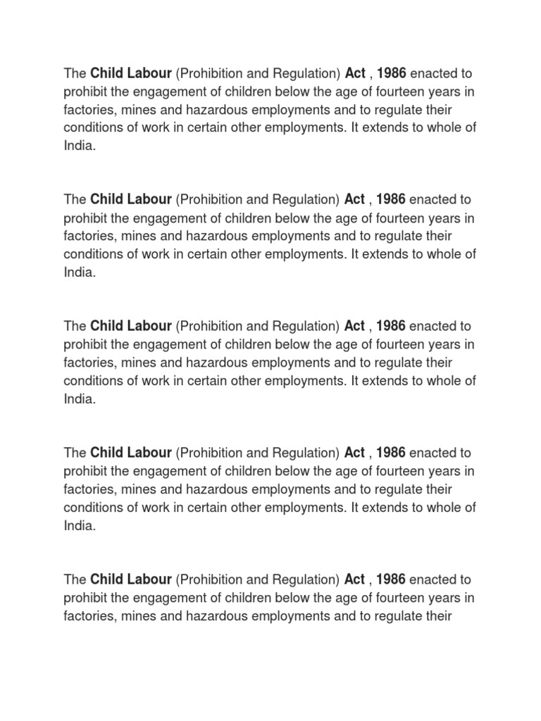 Child Labour Act 1986 PDF Child Labour Working Conditions