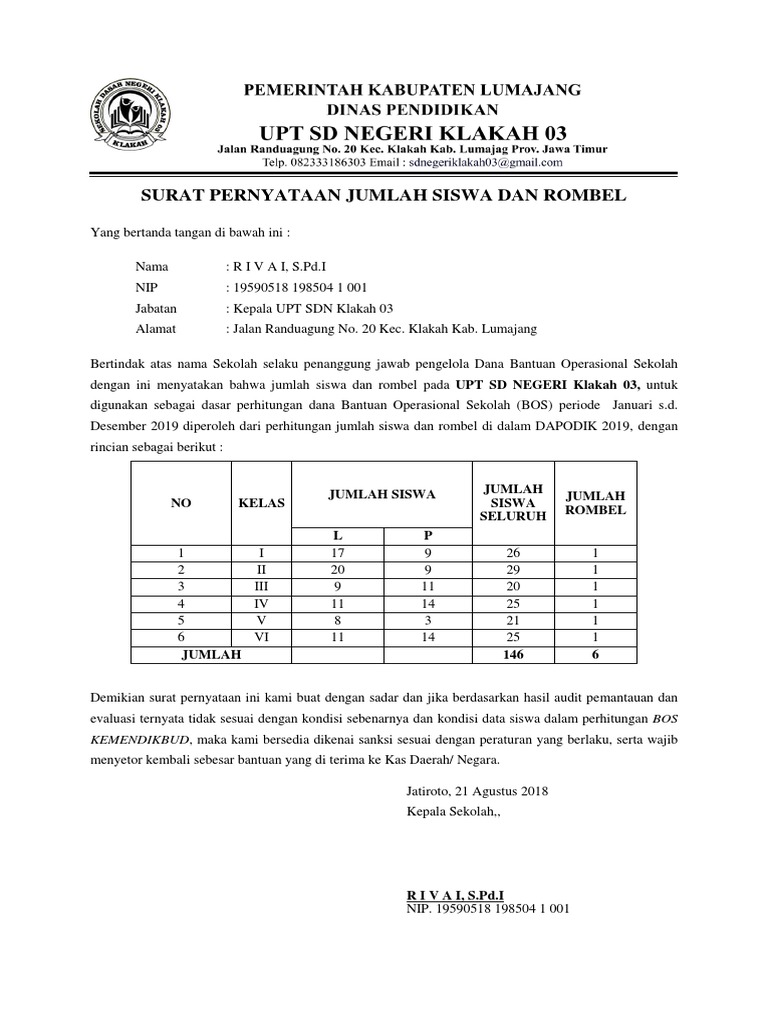 Surat Pernyataan Jumlah Murid 2018 Sdn Klakah 3