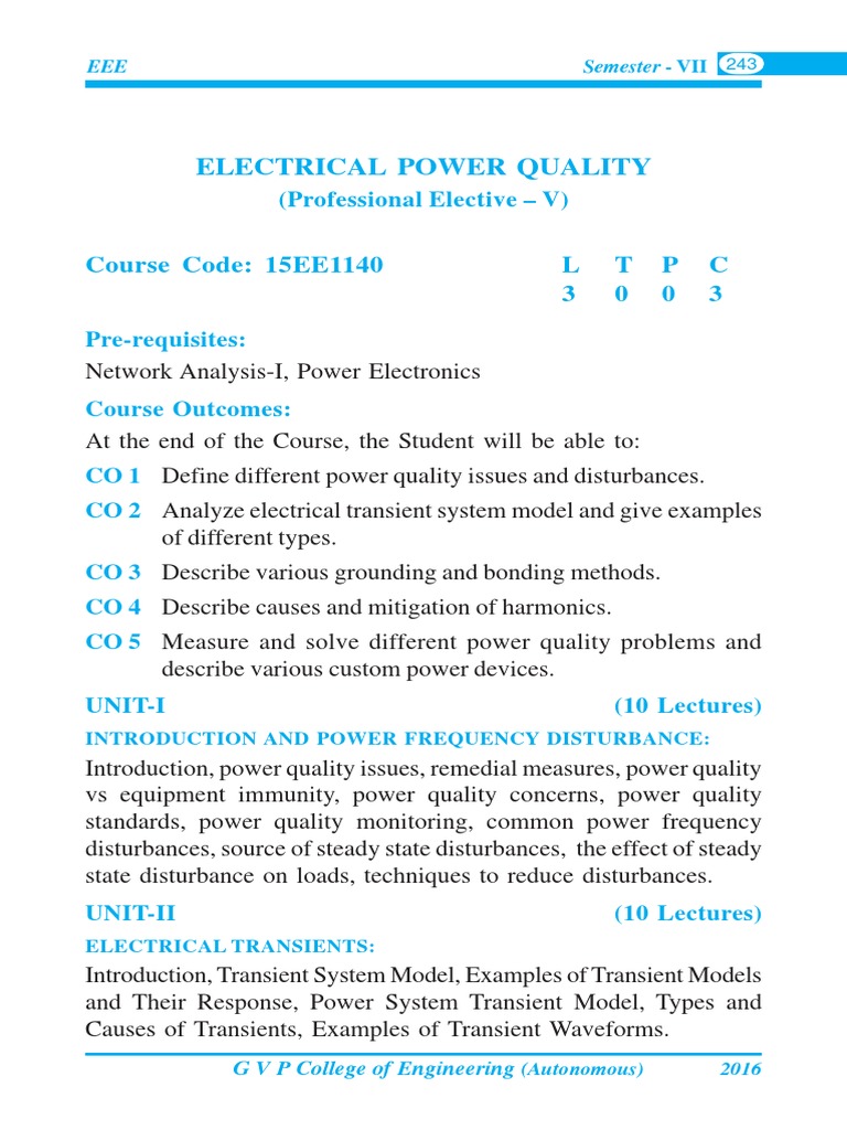 Electrical Power Quality Course Code 15EE1140 L T P C 3 0 0 3 PDF