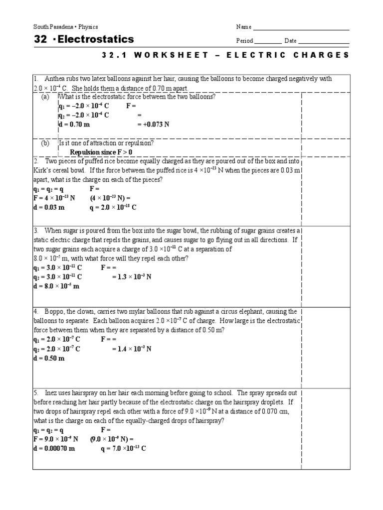Chp 32 Coulombs Law Worksheet 32 1 Answers Doc Electric Charge Electrostatics