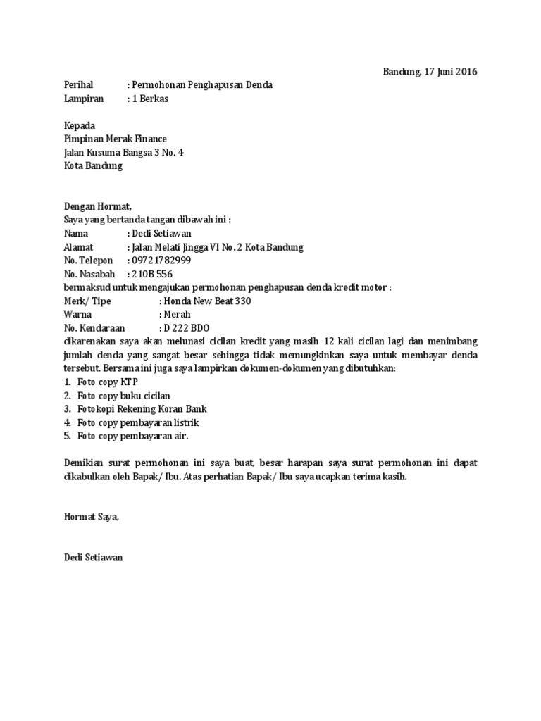 Contoh Surat Permohonan Penghapusan Denda Kredit Pdf