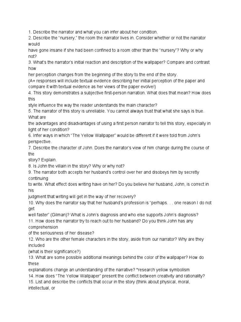 "The Yellow Wallpaper" Questions PDF PDF The Yellow Wallpaper