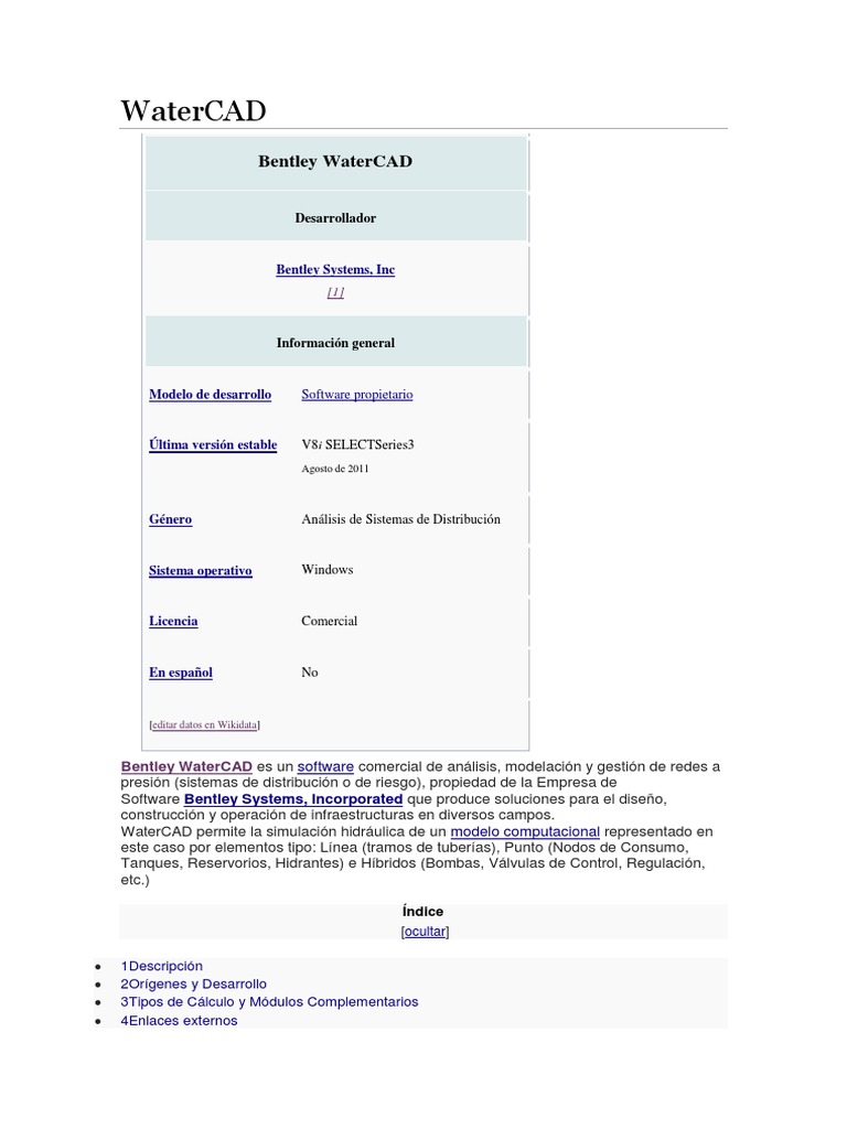 Bentley WaterCAD: Software de Análisis Hidráulico | PDF | Sistema de ...