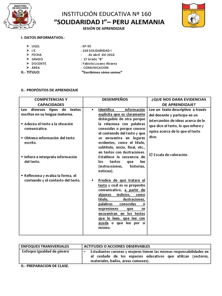 Sesion Minedu Escribimos Como Somos Pdf Sílaba Aprendizaje