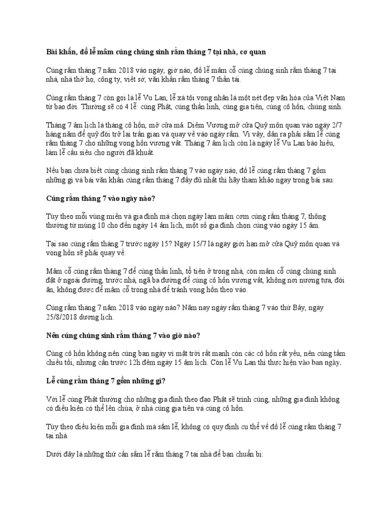 Bai Khan, Do Le Mam Cung Chung Sinh Ram Thang 7 Tai Nha, Co Quan | Pdf