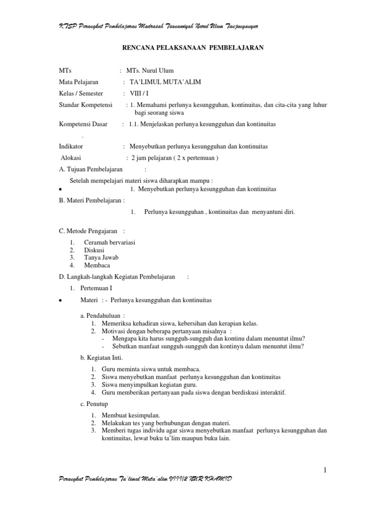Rpp Talim Kelas 8 Semester 1