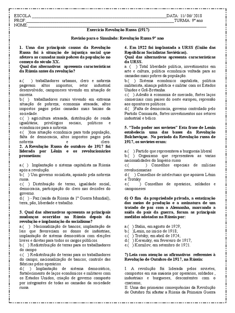 Exércício Revolução Russa 9 Ano Para Impressão Revolução Russa Vladimir Lenin