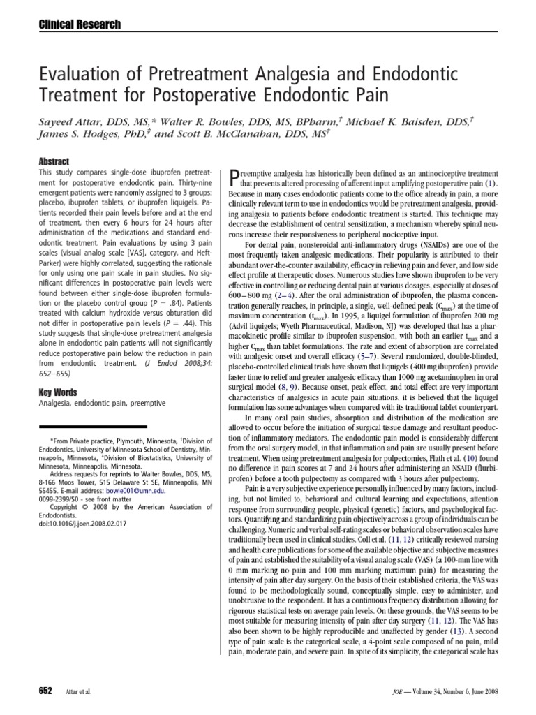 Evaluation of Pretreatment Analgesia and Endodontic Treatment For
