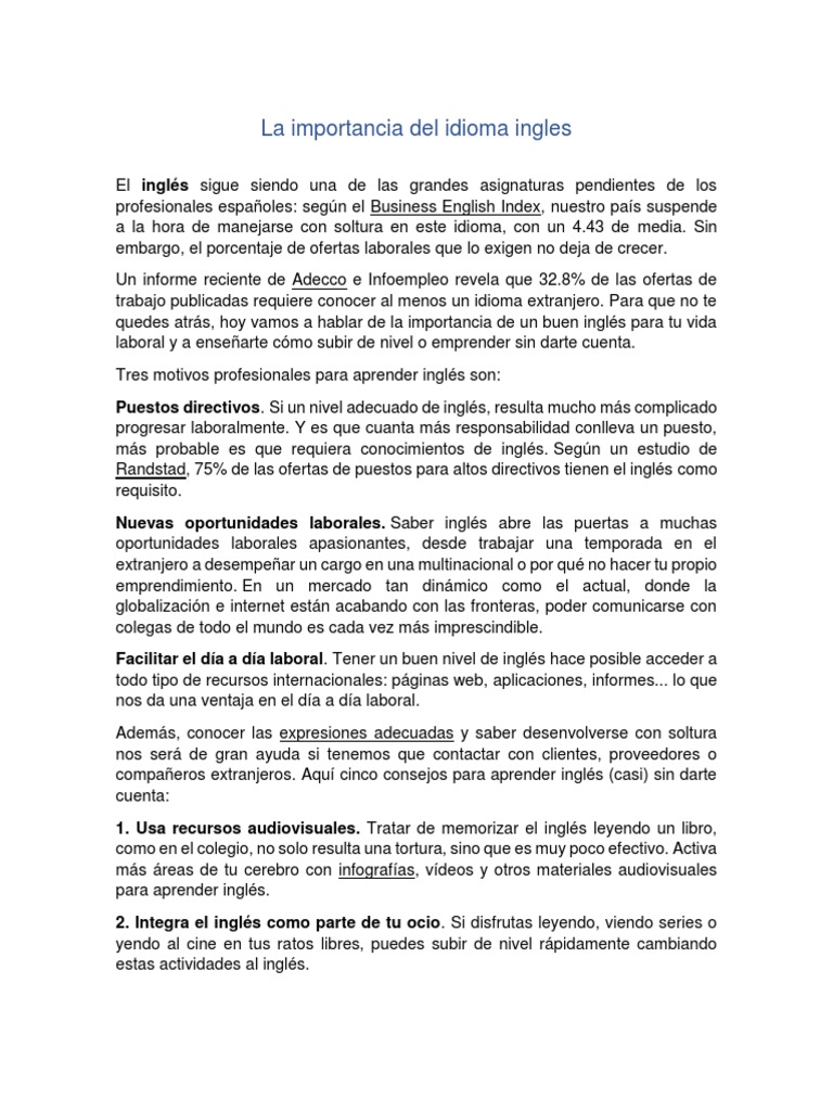 La Importancia Del Idioma Ingles | PDF | Idioma en Inglés | Internet