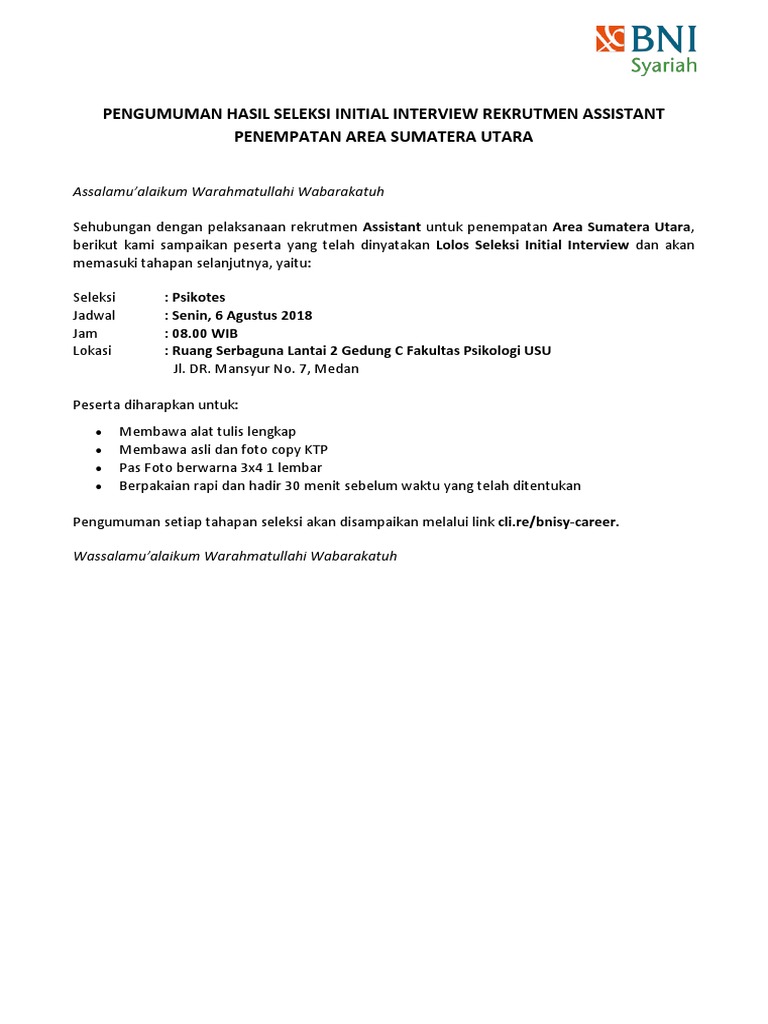01 08 18 Pengumuman Hasil Interview Assistant Medan