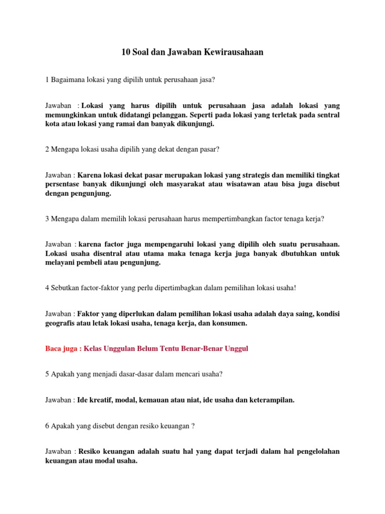10 Soal Dan Jawaban Kewirausahaan Pdf
