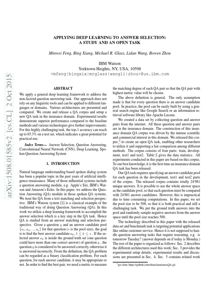 Applying Deep Learning To Answer Selection - A Study and An Open Task ...