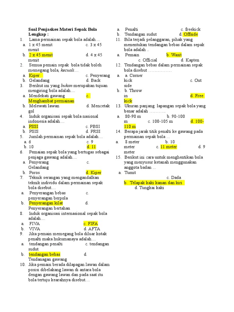 Soal Penjaskes Materi Sepak Bola Lengkap