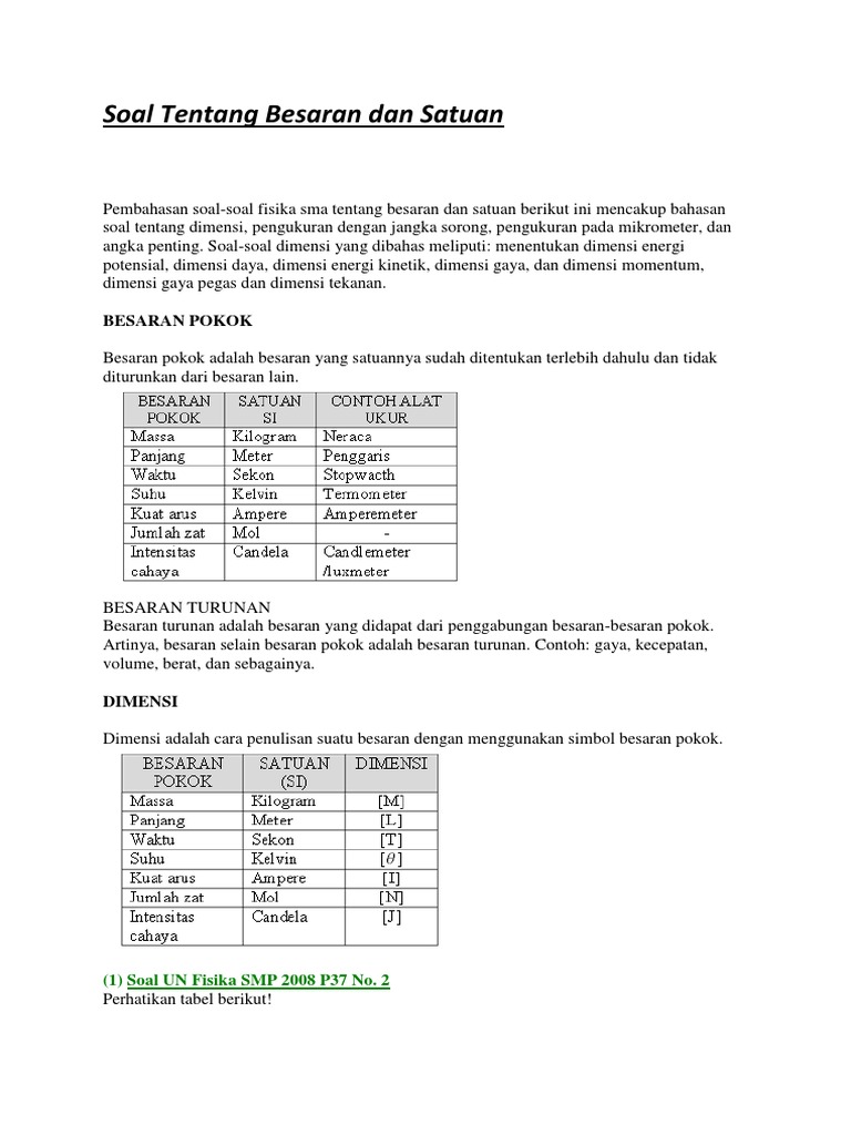 Soal Tentang Besaran Dan Satuan