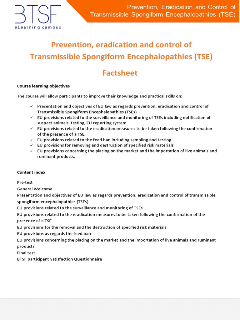 Prevention, Eradication and Control of Transmissible Spongiform