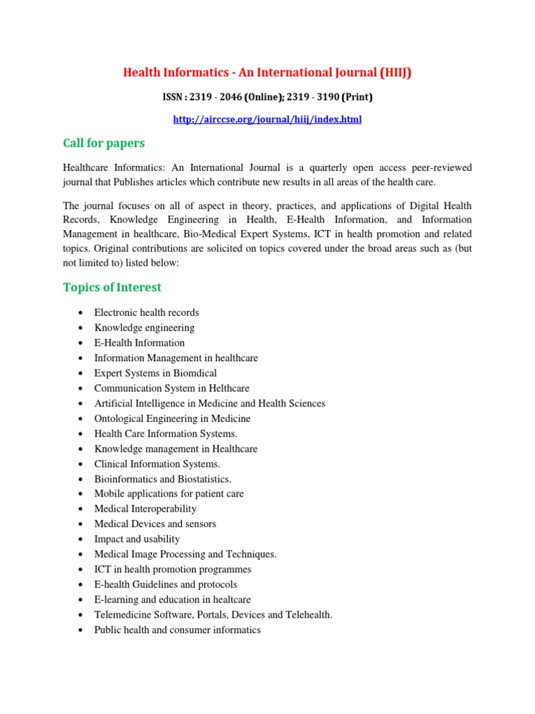 Call For Papers: Health Informatics - An International Journal (HIIJ ...