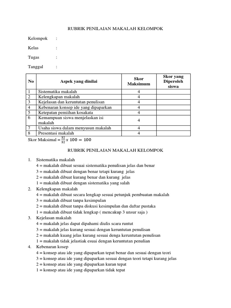 Rubrik Penilaian Makalah Kelompok - Riset