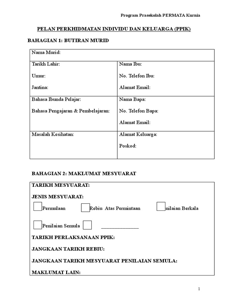 Pelan Perkhidmatan Individu Dan Keluarga (Ppik) | PDF
