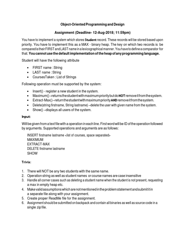 Object-Oriented Programming and Design Assignment (Deadline-12-Aug-2018 ...