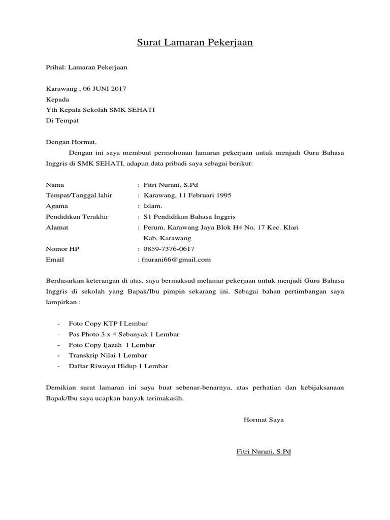Contoh Surat Lamaran Kerja Di Sekolah Smk - Berbagi Contoh ...