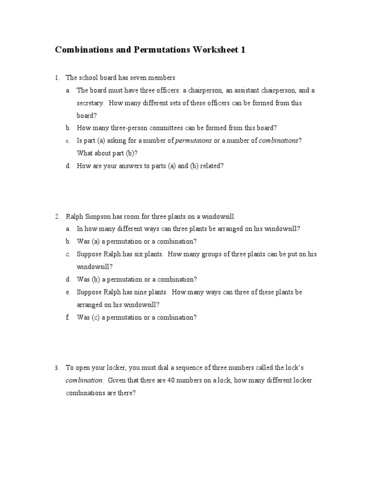 Combinations and Permutations Worksheet | PDF